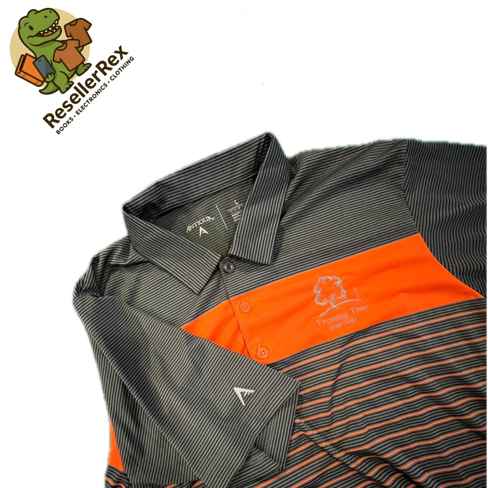 Antigua Trysting Tree‎ Golf Club Polo Shirt Mens Large Orange Gray Striped